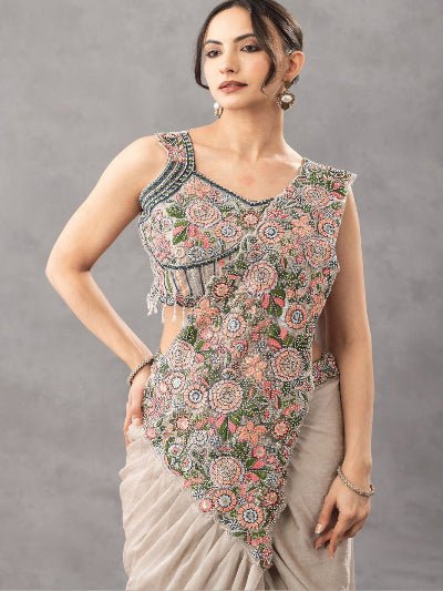 Beige Ready to Wear Drape Saree Embroidered Blouse - BONYHUBSAREE