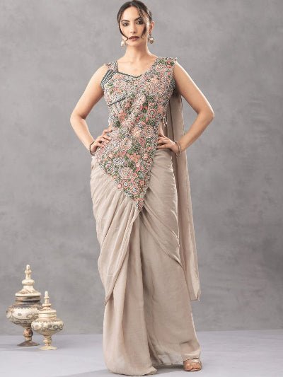 Beige Ready to Wear Drape Saree Embroidered Blouse - BONYHUBSAREE