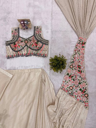 Beige Ready to Wear Drape Saree Embroidered Blouse - BONYHUBSAREE
