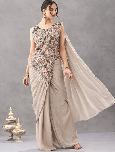 Beige Ready to Wear Drape Saree Embroidered Blouse - BONYHUBSAREE