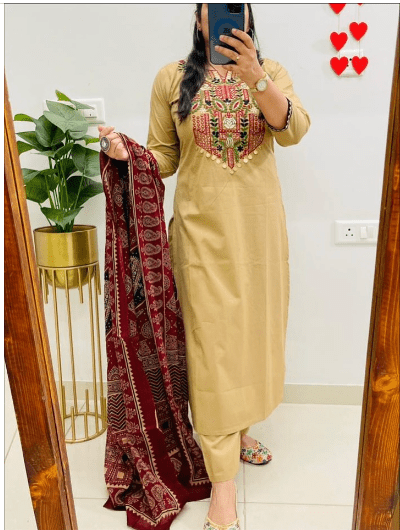 Beige Red Straight Cotton Salwar suit - BONYHUBSALWAR KAMEEZ