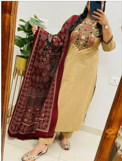 Beige Red Straight Cotton Salwar suit - BONYHUBSALWAR KAMEEZ