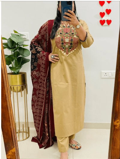Beige Red Straight Cotton Salwar suit - BONYHUBSALWAR KAMEEZ