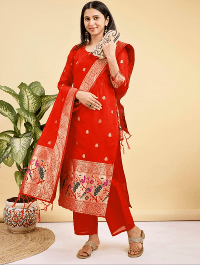Benarasi Silk Straight Salwar Suit - BONYHUBSALWAR KAMEEZ