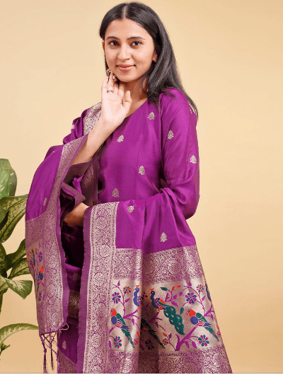 Benarasi Silk Straight Salwar Suit - BONYHUBSALWAR KAMEEZ