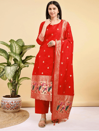 Benarasi Silk Straight Salwar Suit - BONYHUBSALWAR KAMEEZ