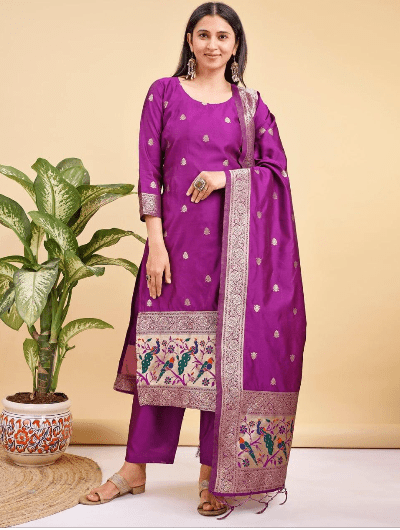 Benarasi Silk Straight Salwar Suit - BONYHUBSALWAR KAMEEZ