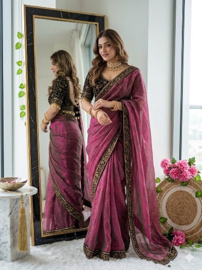 Berry Pink Embroidered Ready to Wear Chiffon Saree with Stitched Velvet Blouse - BONYHUBSAREE