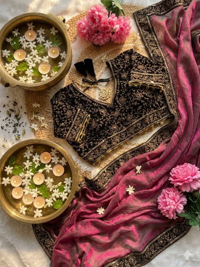 Berry Pink Embroidered Ready to Wear Chiffon Saree with Stitched Velvet Blouse - BONYHUBSAREE