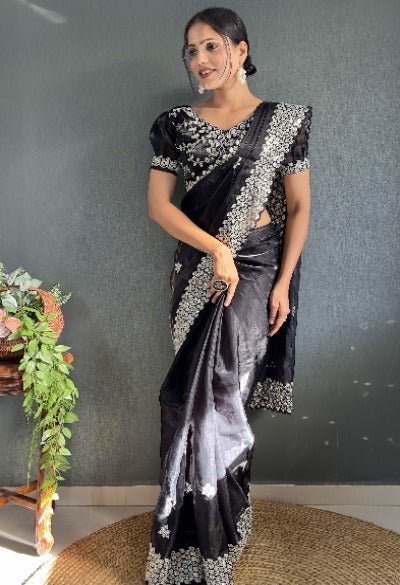 Black 1 Min Organza Silk Readymade Saree & Blouse UK Next Day - BONYHUBSAREE