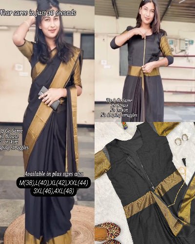 Black 10 Second Ethnic Zari Patta Readymade Saree Gown UK Next Day - BONYHUBSAREE