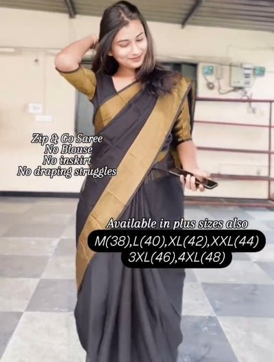 Black 10 Second Ethnic Zari Patta Readymade Saree Gown UK Next Day - BONYHUBSAREE