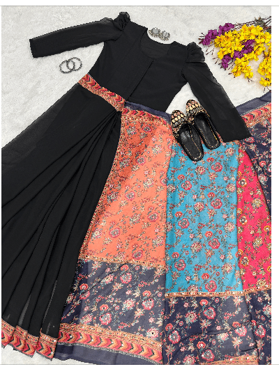 Black 10 Second Multicolor Readymade Sari Gown UK Next Day - BONYHUBSAREE