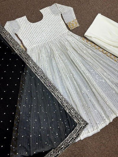 Black Anarkali Gold Embroidery Gown Set of 3 UK Next Day - BONYHUBSALWAR KAMEEZ