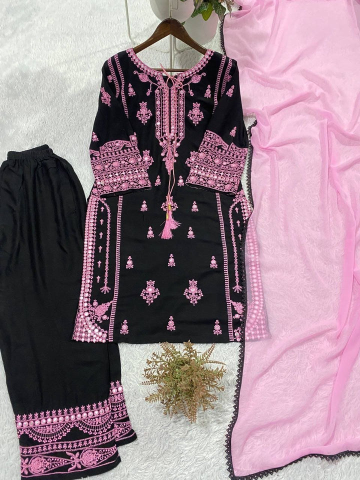 Black &amp; Blush Pink Embroidered Rayon Suit Set - BONYHUBSALWAR KAMEEZ