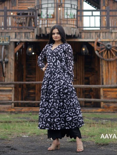 Black Celestial Bloom Georgette Anarkali Palazzo Set Of 2 - BONYHUBSALWAR KAMEEZ