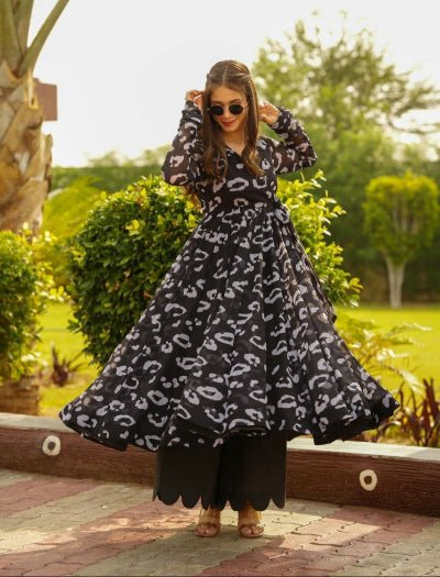 Black Celestial Bloom Georgette Anarkali Palazzo Set Of 2 - BONYHUBSALWAR KAMEEZ