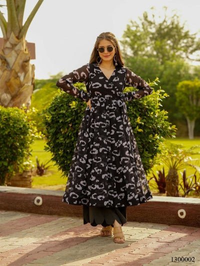 Black Celestial Bloom Georgette Anarkali Palazzo Set Of 2 - BONYHUBSALWAR KAMEEZ