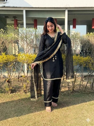Black Chanderi Farshi Suit Set with Jacquard Dupatta - BONYHUBSALWAR KAMEEZ