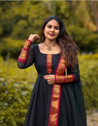 Black Chanderi South Indian Zari Work Kurti Dupatta 2pc - BONYHUBSALWAR KAMEEZ