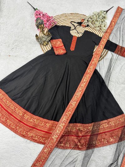Black Chanderi South Indian Zari Work Kurti Dupatta 2pc - BONYHUBSALWAR KAMEEZ