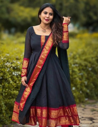 Black Chanderi South Indian Zari Work Kurti Dupatta 2pc - BONYHUBSALWAR KAMEEZ