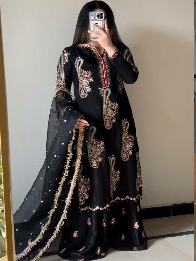 Black Chinon Embroidery Full Sleeves Palazzo Suit UK Next Day - BONYHUBSALWAR KAMEEZ