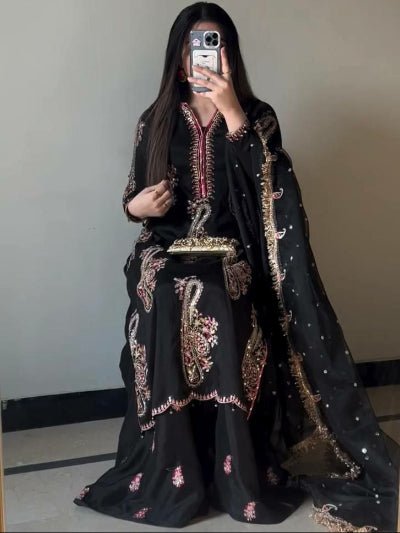 Black Chinon Embroidery Full Sleeves Palazzo Suit UK Next Day - BONYHUBSALWAR KAMEEZ