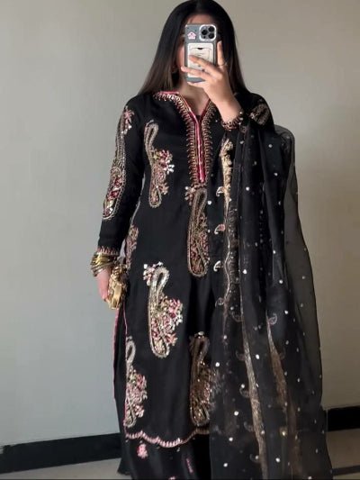 Black Chinon Embroidery Full Sleeves Palazzo Suit UK Next Day - BONYHUBSALWAR KAMEEZ
