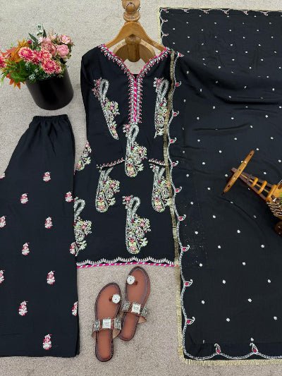 Black Chinon Embroidery Full Sleeves Palazzo Suit UK Next Day - BONYHUBSALWAR KAMEEZ