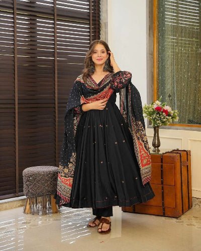 Black Cotton Puff Sleeves Anarkali Suit Set UK Next Day - BONYHUBSALWAR KAMEEZ