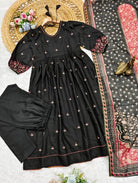 Black Cotton Puff Sleeves Anarkali Suit Set UK Next Day - BONYHUBSALWAR KAMEEZ