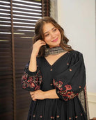 Black Cotton Puff Sleeves Anarkali Suit Set UK Next Day - BONYHUBSALWAR KAMEEZ