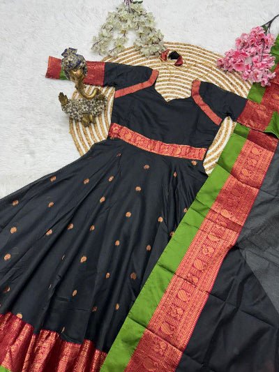 Black Cotton Silk South Indian Anarkali Dupatta Set Of 2 - BONYHUBSALWAR KAMEEZ