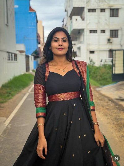 Black Cotton Silk South Indian Anarkali Dupatta Set Of 2 - BONYHUBSALWAR KAMEEZ