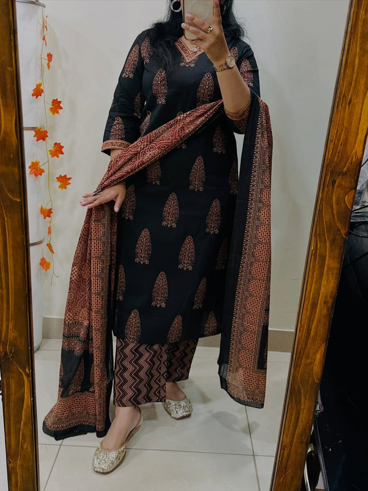 Black Cotton Straight Suit UK | Mirror Work Kurti Pant Dupatta - BONYHUBSALWAR KAMEEZ