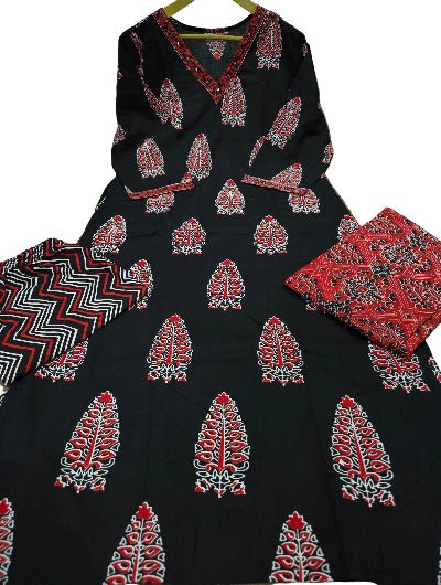 Black Cotton Straight Suit UK | Mirror Work Kurti Pant Dupatta - BONYHUBSALWAR KAMEEZ
