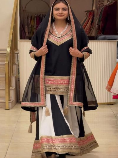 Black Crepe Silk Embroidered Sharara Suit for Women - BONYHUBSALWAR KAMEEZ