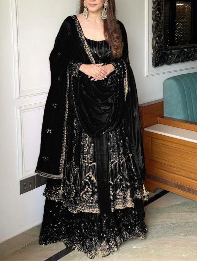 Black Crunchy Silk Embroidered Anarkali Suit - BONYHUBSALWAR KAMEEZ