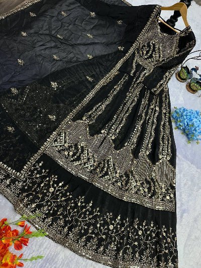 Black Crunchy Silk Embroidered Anarkali Suit - BONYHUBSALWAR KAMEEZ