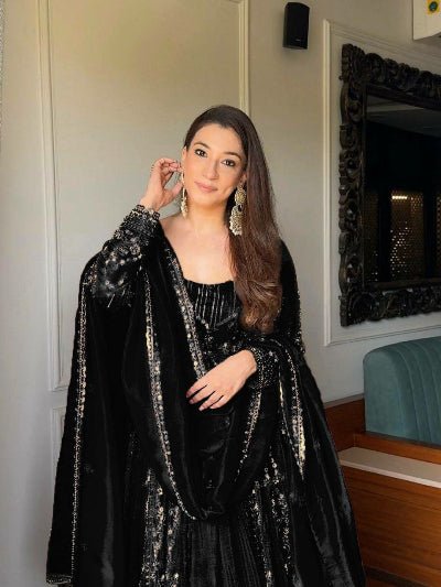 Black Crunchy Silk Embroidered Anarkali Suit - BONYHUBSALWAR KAMEEZ