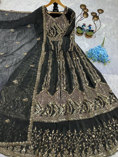 Black Crunchy Silk Embroidered Anarkali Suit - BONYHUBSALWAR KAMEEZ