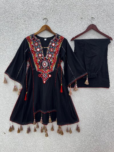 Black Designer Mirror Work Boho Style Kurti Palazzo Set - BONYHUBSALWAR KAMEEZ