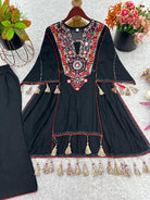 Black Designer Mirror Work Boho Style Kurti Palazzo Set - BONYHUBSALWAR KAMEEZ