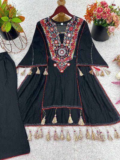 Black Designer Mirror Work Boho Style Kurti Palazzo Set - BONYHUBSALWAR KAMEEZ