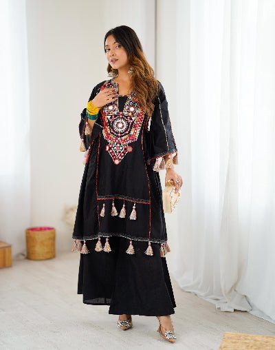 Black Designer Mirror Work Boho Style Kurti Palazzo Set - BONYHUBSALWAR KAMEEZ