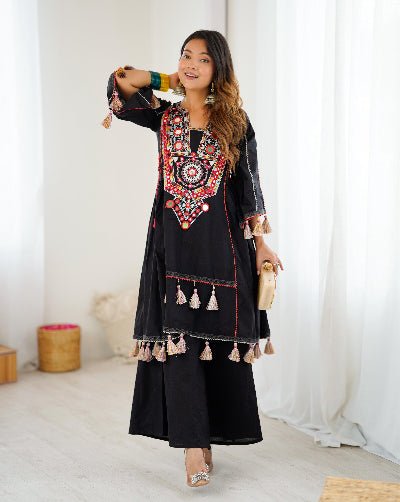 Black Designer Mirror Work Boho Style Kurti Palazzo Set - BONYHUBSALWAR KAMEEZ