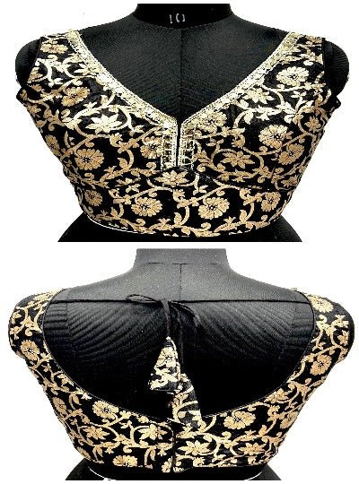 Black Dola Silk Zari Readymade Stitched Blouse UK Next Day - BONYHUBblouses