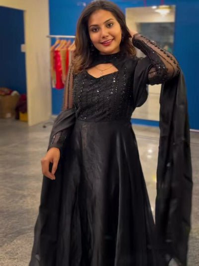 Black Elegant Sequins Embroidery Anarkali Suit Set - BONYHUBSALWAR KAMEEZ
