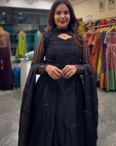 Black Elegant Sequins Embroidery Anarkali Suit Set - BONYHUBSALWAR KAMEEZ
